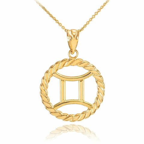 14K Solid Gold Gemini Zodiac Sign in Circle Rope Pendant Necklace