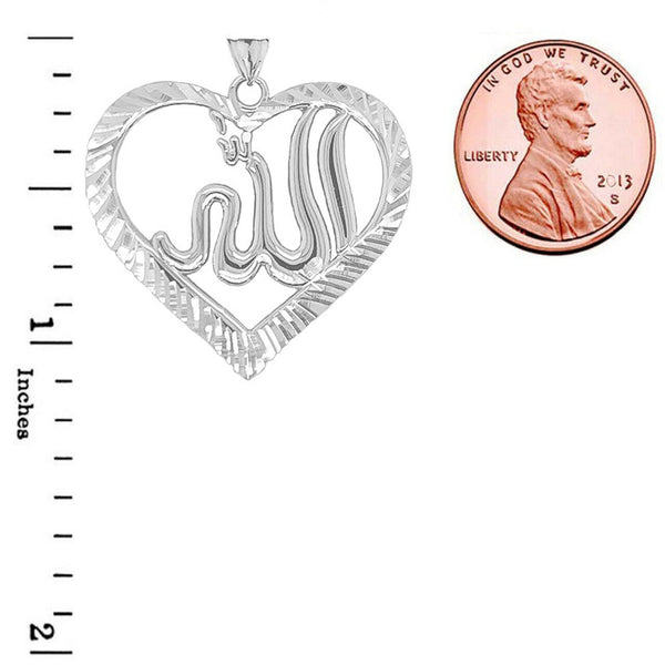 925 Sterling Silver Sparkle-cut Allah Open Heart Pendant Necklace