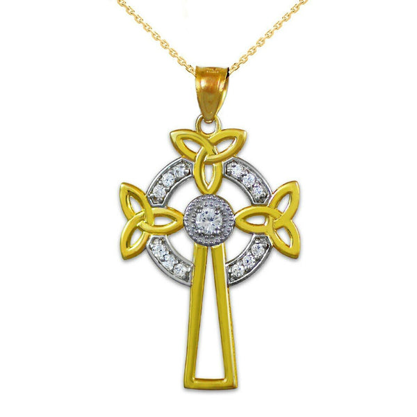 Solid 14k Two-Tone Gold Celtic Cross Trinity Knot Diamond Pendant Necklace