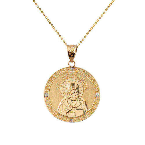 14k Gold Orthodox Saint Nectarios of Aegina Diamond Medallion Pendant Necklace