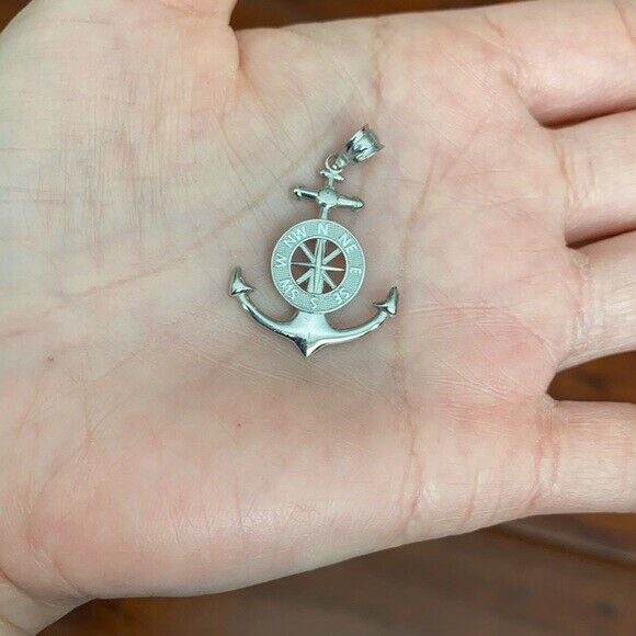 10K Solid Yellow Gold Mariner's Anchor Compass Pendant Necklace