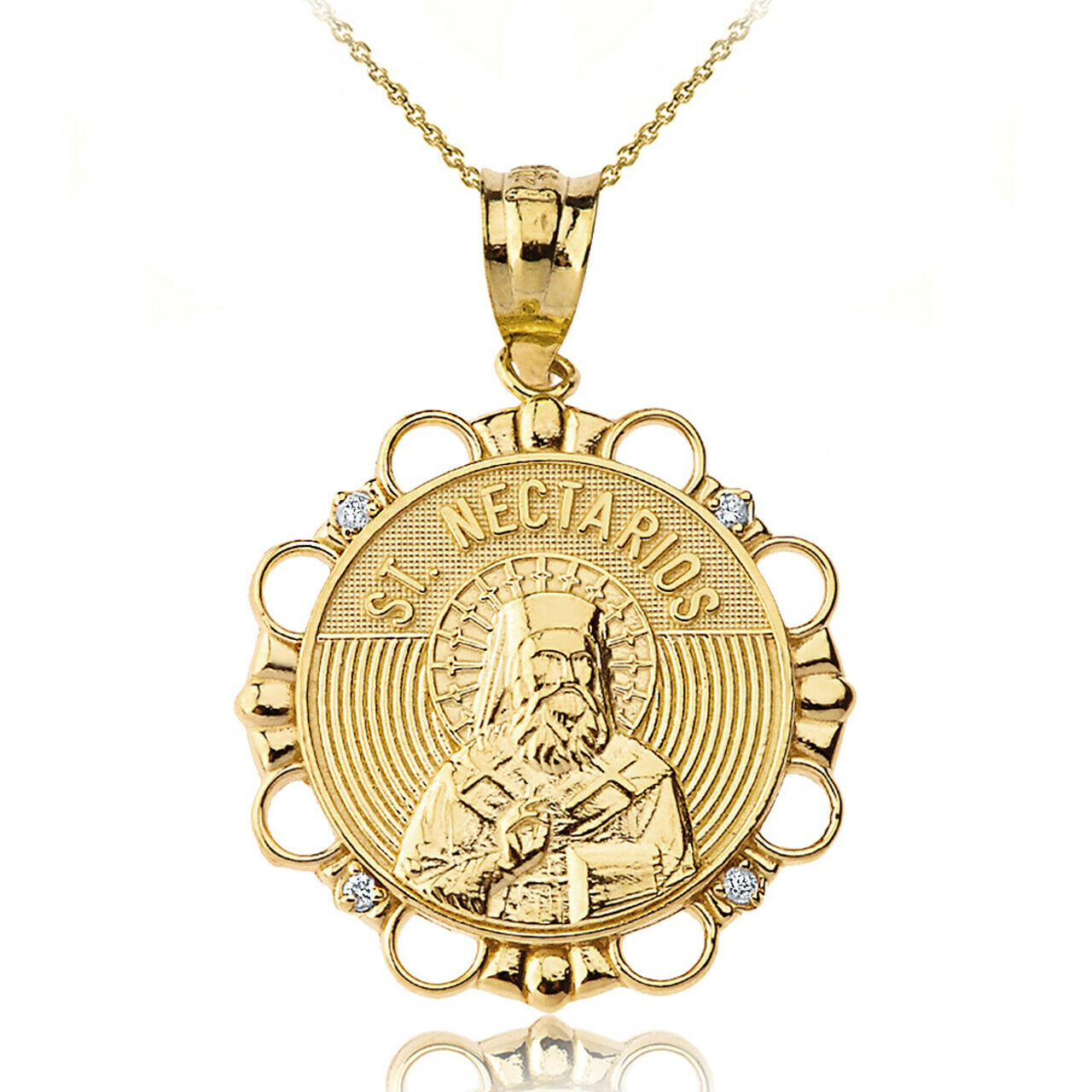 14k Solid Gold Diamond Saint Nectarios of Aegina Circle Pendant Necklace