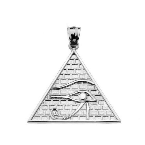 14k Solid White Gold Egyptian Pyramid Eye of Horus Pendant Necklace (13 Steps)