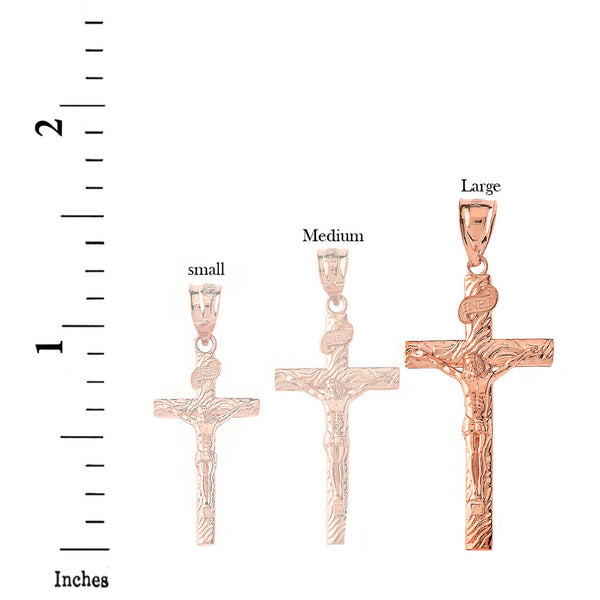 14K Solid Gold INRI Jesus of Nazareth Crucifix Wooden Texture Pendant Necklace