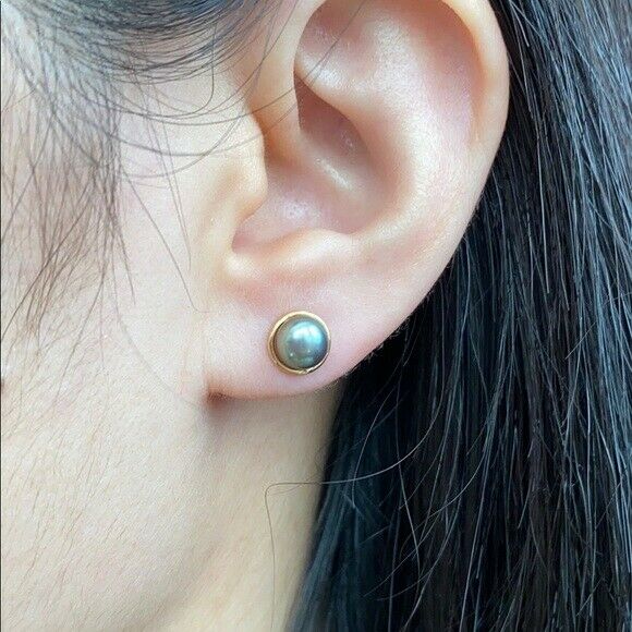 14K Solid Yellow Gold Dark Gray Pearl Stud Earrings - Minimalist