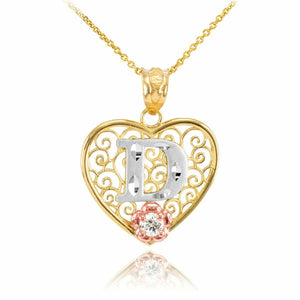 14k Solid Gold Initial Letter D Heart Filigree CZ Pendant Necklace