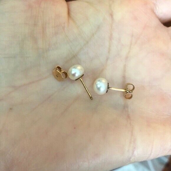 Small 14K Solid Yellow Gold FreshWater White Pearl Stud Earrings