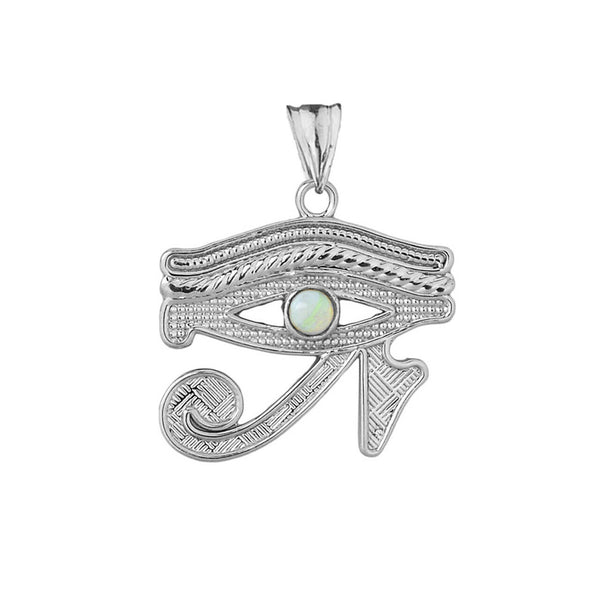 Solid White Gold 10K Eye Of Horus (Ra) With Opal Center Stone Pendant Necklace