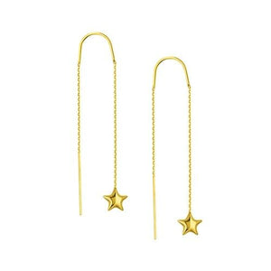 14K Solid Yellow Gold Puff Star Threader Chain Earrings