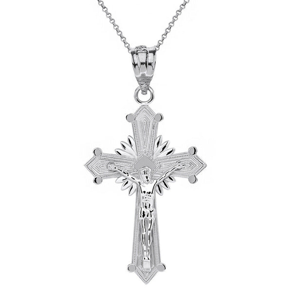 925 Sterling Silver Passion Crucifix with Halo Cross Pendant Necklace