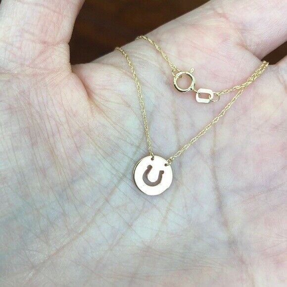 14K Solid Gold Mini Disk Horse Shoe Dainty Necklace - Minimalist Yellow 16"-18"