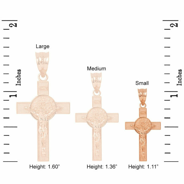 14K Solid Rose Gold Small Saint St. Benedict Crucifix Cross Pendant Necklace