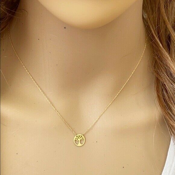 14K Solid Real Gold Cut Out Tree of Life Disk Mini Disc Necklace - Minimalist