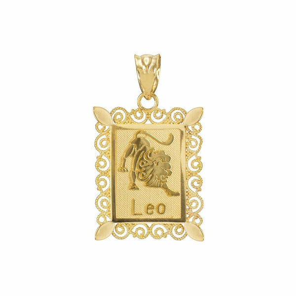 14k Solid Gold Leo Zodiac Sign Filigree Rectangular Pendant Necklace