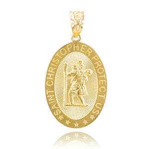 14K Solid Yellow Gold St. Saint Christopher "Protect Us"  Pendant Necklace