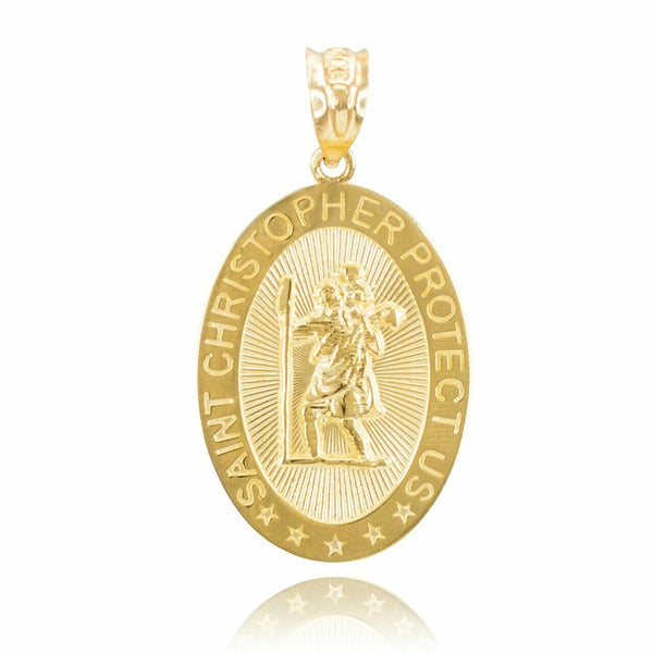 14K Solid Yellow Gold St. Saint Christopher "Protect Us"  Pendant Necklace