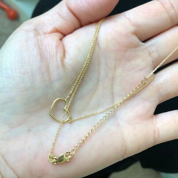 14K Solid White Gold Open Heart Cut Out Necklace - Minimalist  Adjustable