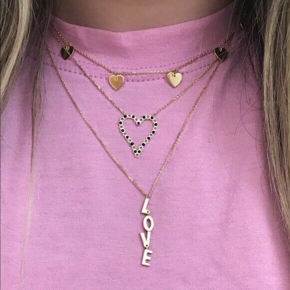 14K Solid Yellow Gold 5 Dangle Heart Choker Adjustable Necklace