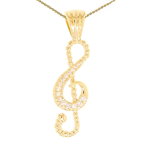 14K Solid Yellow Gold CZ Music Note Charm Pendant Necklace