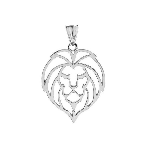 10K Solid Fine White Gold Lion Head Cut Out Pendant Necklace