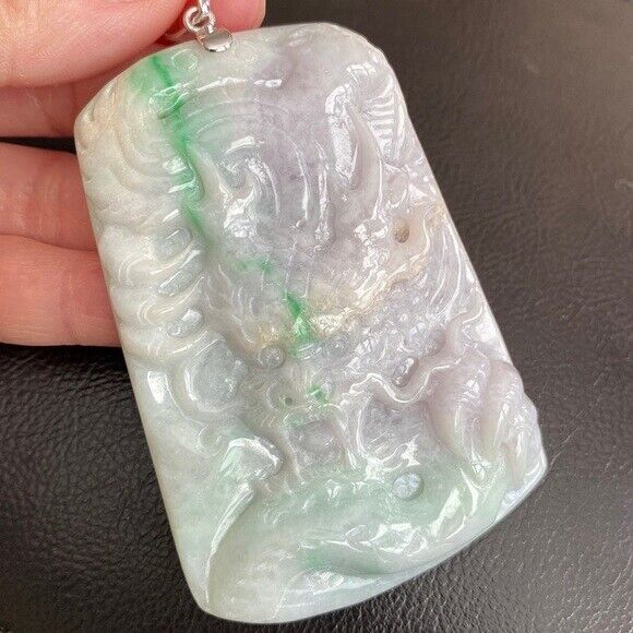 925 Sterling Silver Carving Jade Dragon Large Pendant Necklace Heavy