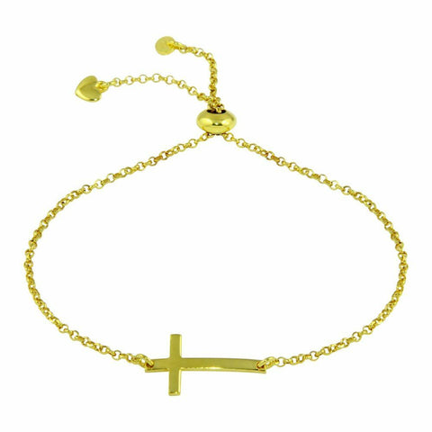 NWT Sterling Silver 925 Gold Plated Horizontal Cross Bracelet with Heart Charms