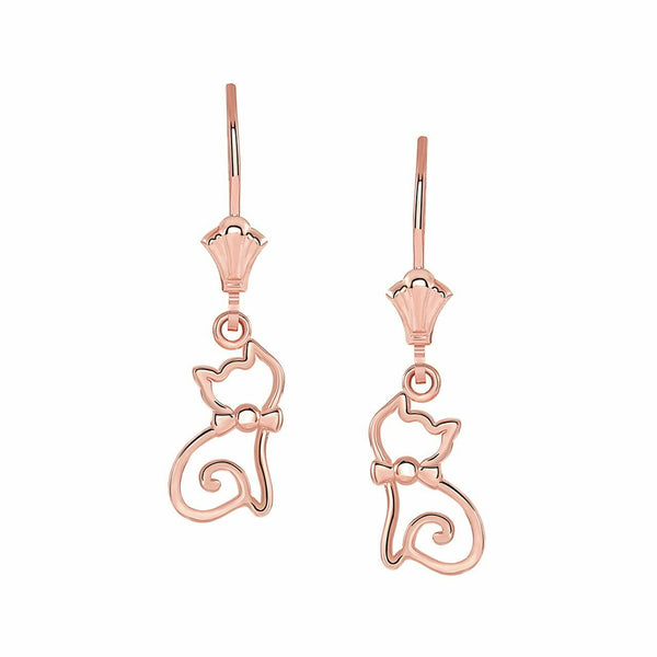 10k Solid Rose Gold Openwork Cat Oultine Leverback Earrings