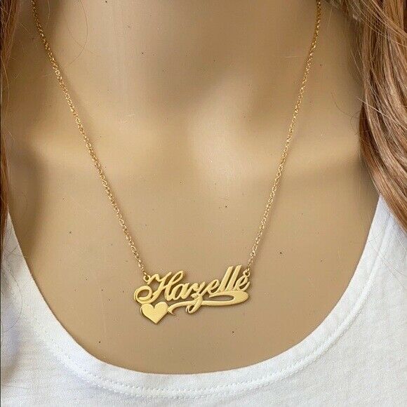 Personalized Yellow Gold Sterling Silver Name Plate Heart Necklace - Hazelle 18"