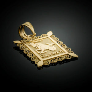 14k Solid Gold Capricorn Zodiac Sign Filigree Rectangular Pendant Necklace