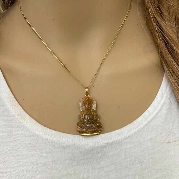 14K Solid Gold Guanyin Kwan Yin Female Buddha Natural Red Jade Pendant