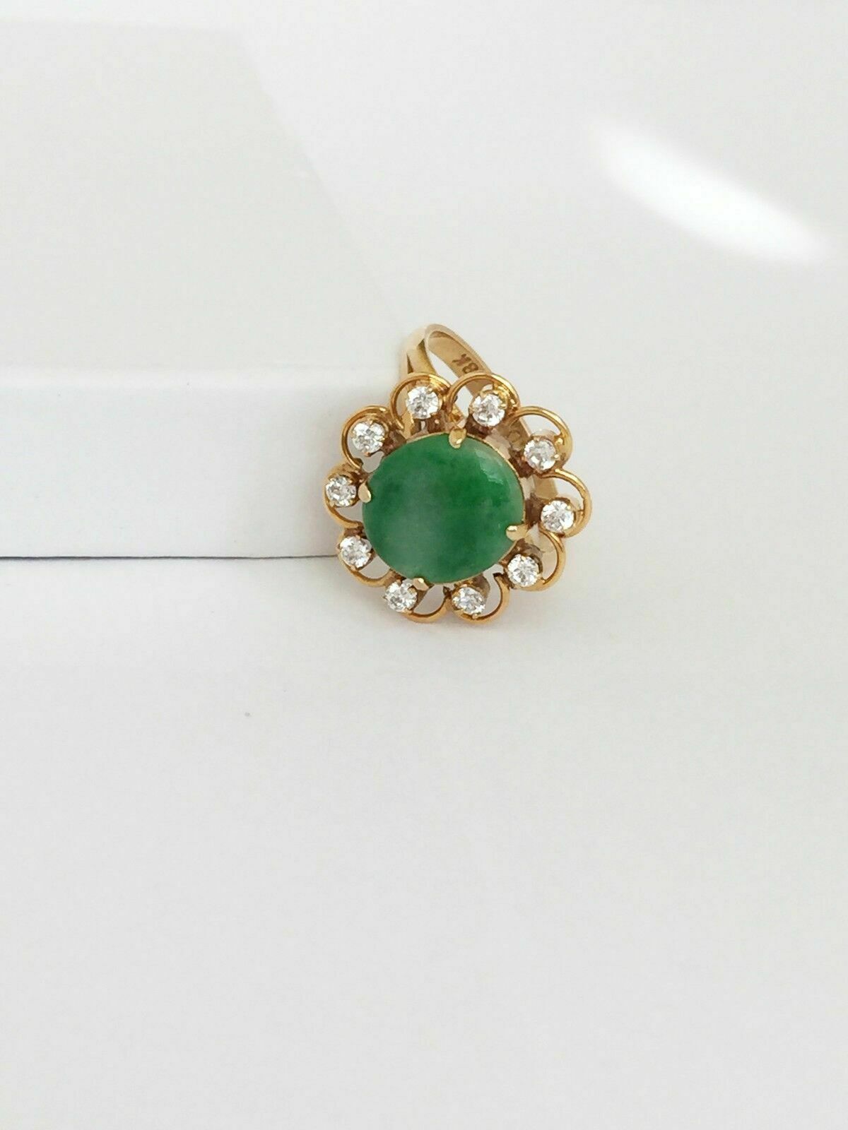 14K Solid Yellow Gold Oval Green Jade CZ Ring Size 5.75