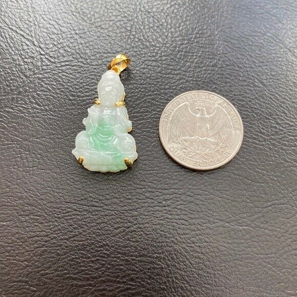 14K Real Gold Genuine Jade Kwan Yin Female Buddha Pendant Necklace Small