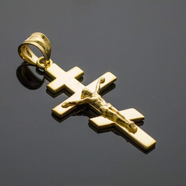 Solid 10k Yellow Gold Russian Orthodox Crucifix Pendant Necklace