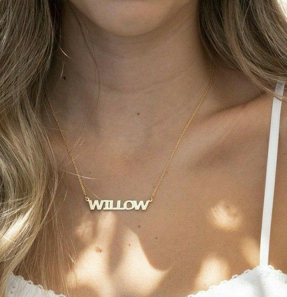 Personalized Yellow Gold over Silver Capital Name Plate Box Chain Necklace