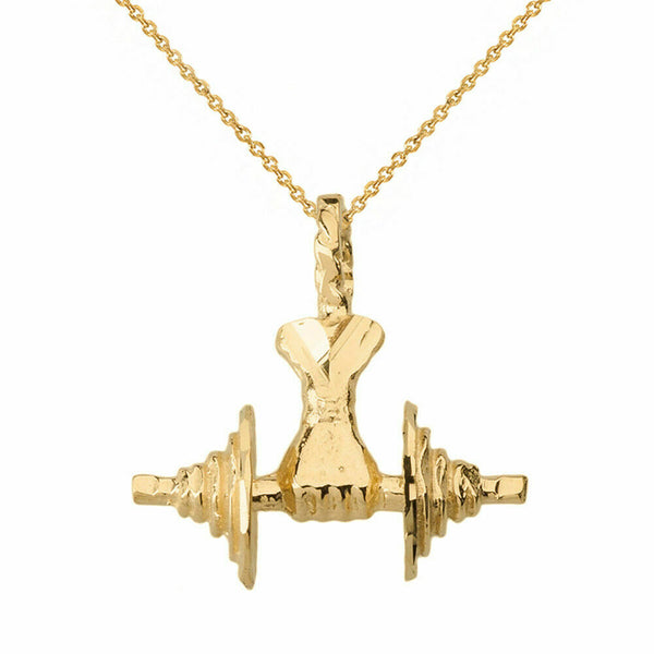 10k Solid Yellow Gold Bodybuilding Lifting Barbell 3D Pendant Necklace
