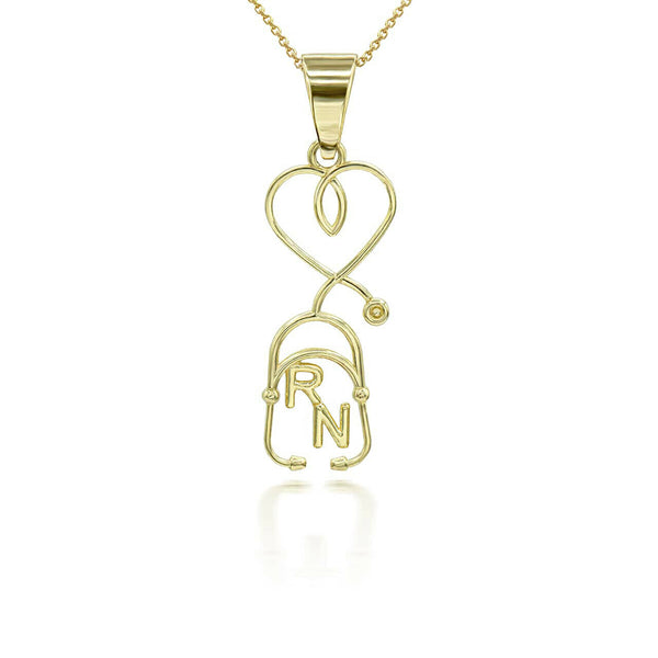 10K Solid Gold Registered Nurse Stethoscope Pendant Necklace Yellow, Rose, White