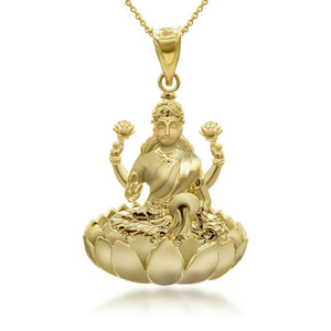 14K Solid Gold Lakshmi God Hindu Pendant Necklace - Yellow, Rose, or White