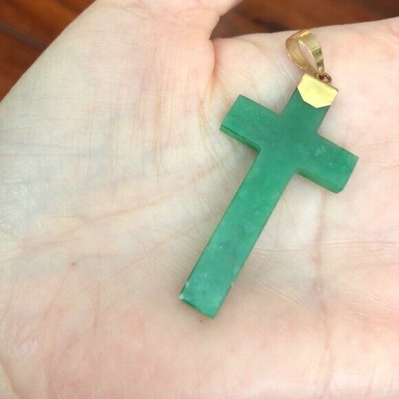 14K Solid Gold Green Jade Cross Pendant / Charm Dainty Adjustable Necklace