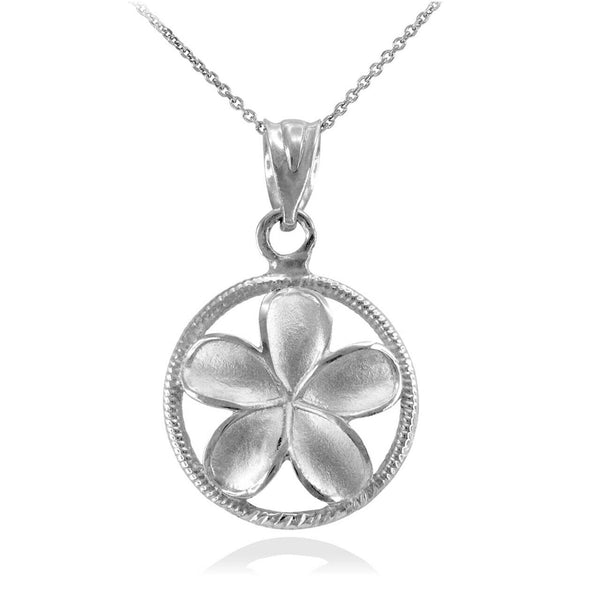 925 Sterling Silver Circle Hawaiian Plumeria Flower Pendant Necklace