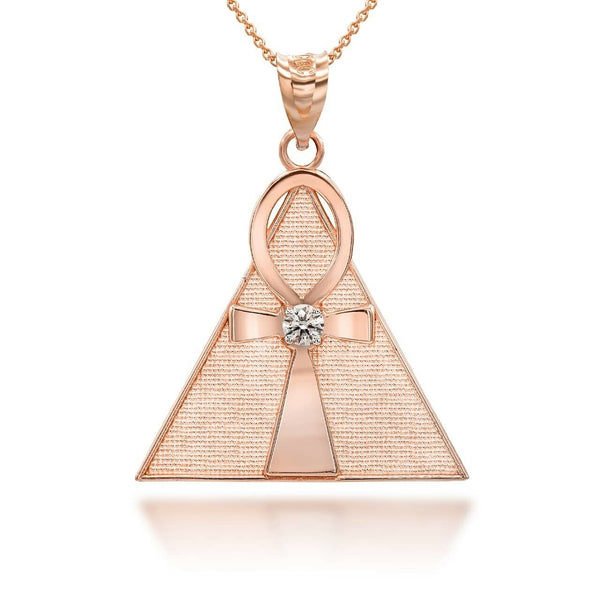 14K Solid Gold Egyptian Ankh Cross On A Pyramid Pendant Necklace