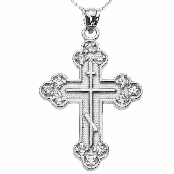 Solid 14k White Gold Diamond Eastern Orthodox Cross Pendant Necklace
