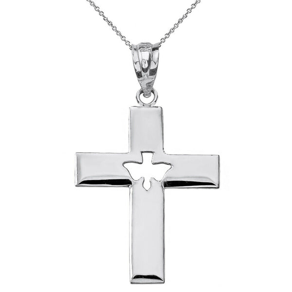 14K Solid Gold Religious Cross With Cut-Out Holy Spirit Dove Pendant Necklace