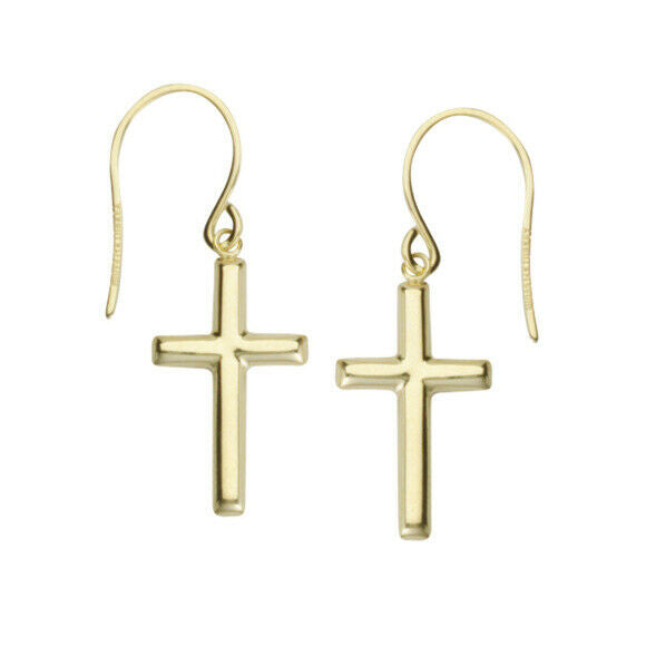 14K Solid Yellow Gold Dangle Cross Euro Wire Earrings