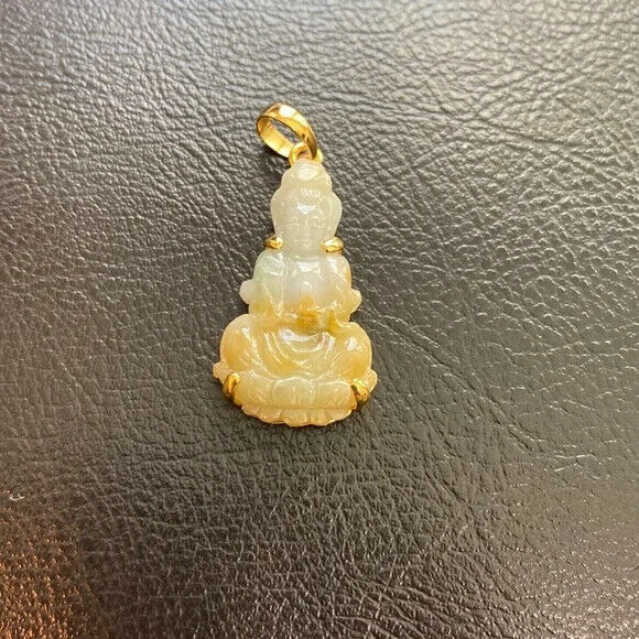 14K Solid Gold Kwan Yin Guanyin Female Buddha Natural Jade Pendant Necklace