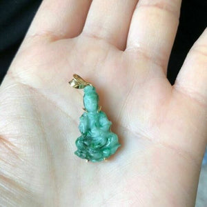 18K Solid Real Gold Natural Jadeite Jade Kwan Yin Buddha Pendant Small Kid Size