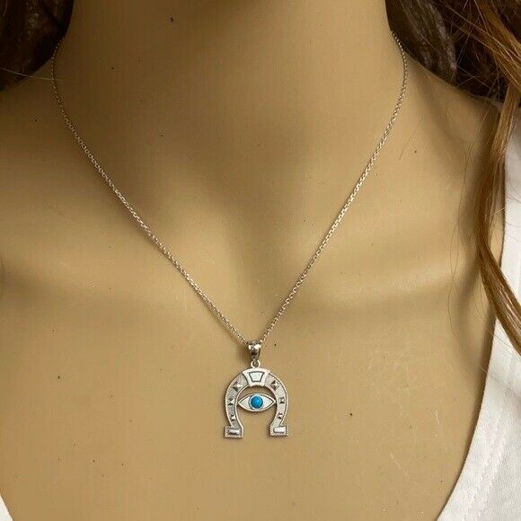 Sterling Silver Evil Eye Protection Horse Shoe Good Luck Pendant Necklace