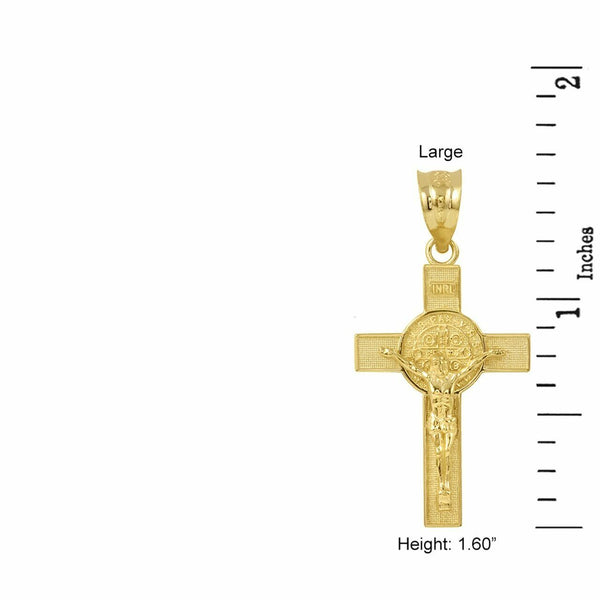 14K Solid Yellow Gold Large St. Benedict Crucifix Cross Pendant Necklace 1.6"
