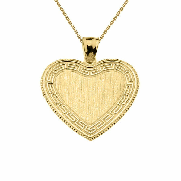 Solid 14k Yellow Gold Greek Key Engravable Heart Pendant Necklace