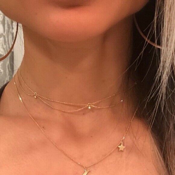 14K Solid Yellow Gold Diamond Dangle on Drape Choker Necklace 17" Adjustable