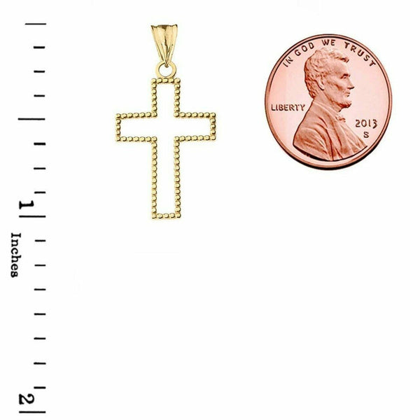 10k or 14k Solid Gold Two Sided Beaded Open Cross 1.2" Pendant Necklace